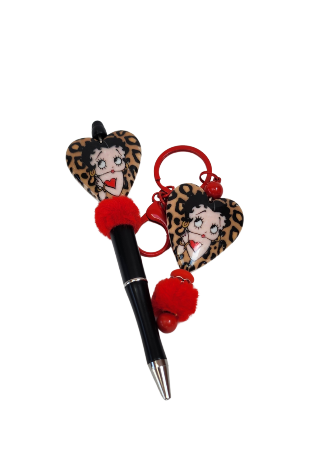 Keychain and matching beaded pen with iconic Betty abd an animal print background. A perfect thougtful gift.