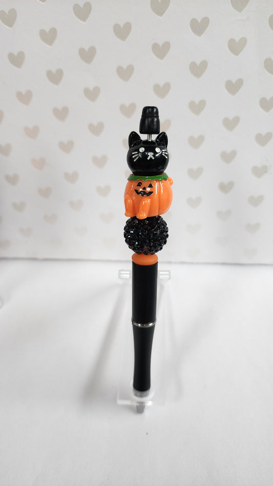 Halloween 3D Pumpkin and Cute Black Kitty Beaded Pen with Ink Refill