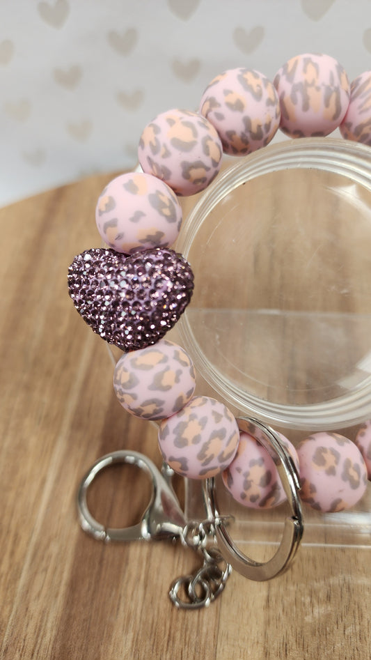 Demure Heart Animal Pattern Wristlet Keychain Bracelet with Fancy Rhinestone and Silicone Beads