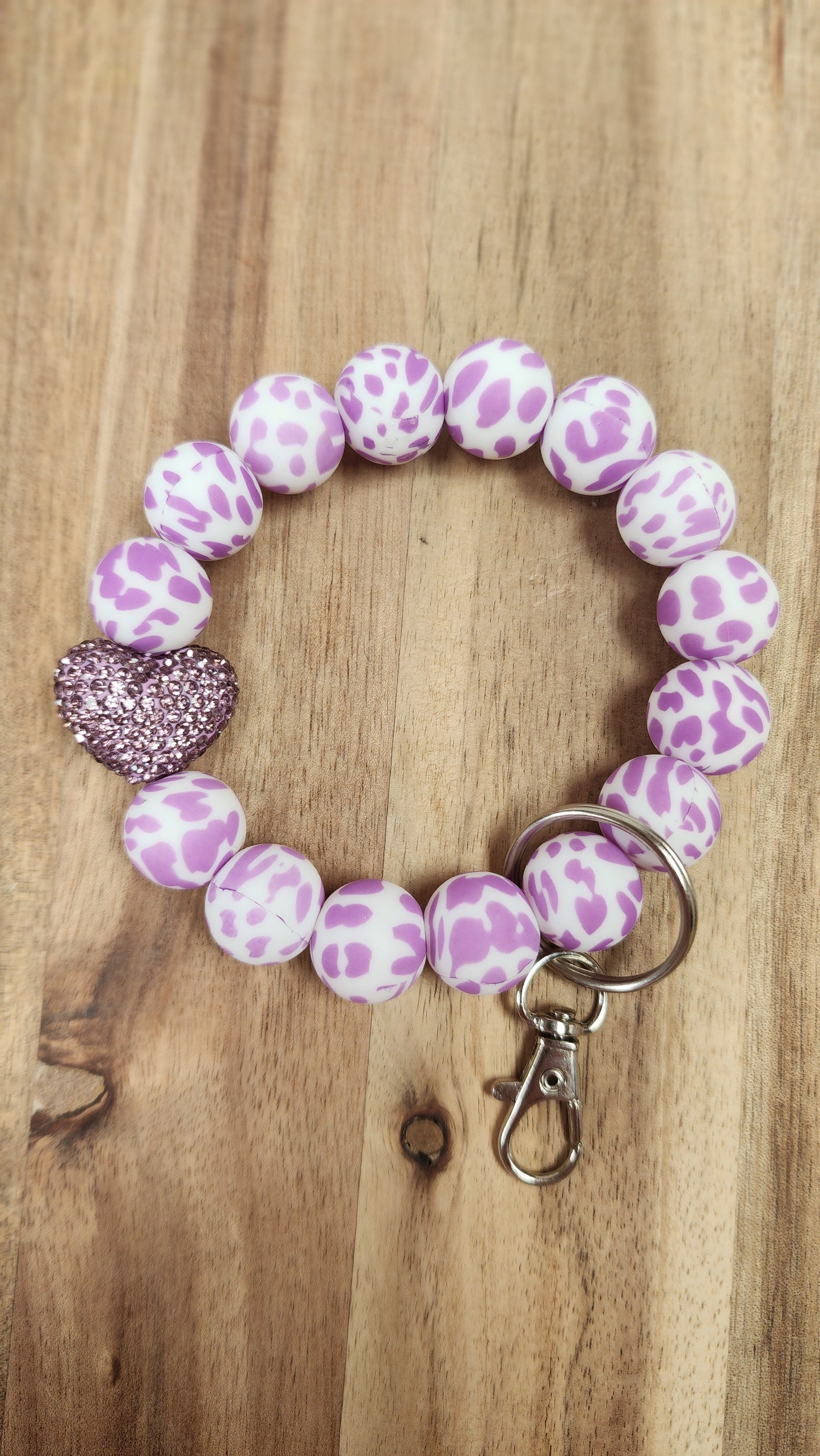 Demure Purple Hearted Pattern Wristlet Keychain Bracelet with Fancy Rhinestone and Silicone Beads