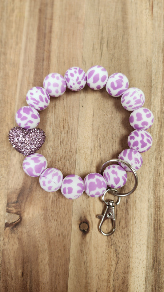 Demure Purple Hearted Pattern Wristlet Keychain Bracelet with Fancy Rhinestone and Silicone Beads