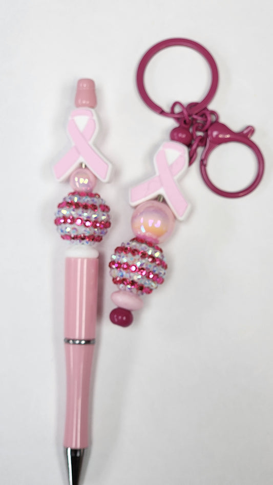 Pink Ribbon Beaded Pen and Matching Keychain Set