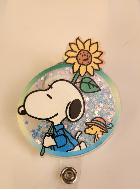 Dog with Flowers and Yellow Bird Friend Shaker Style BADGE REEL