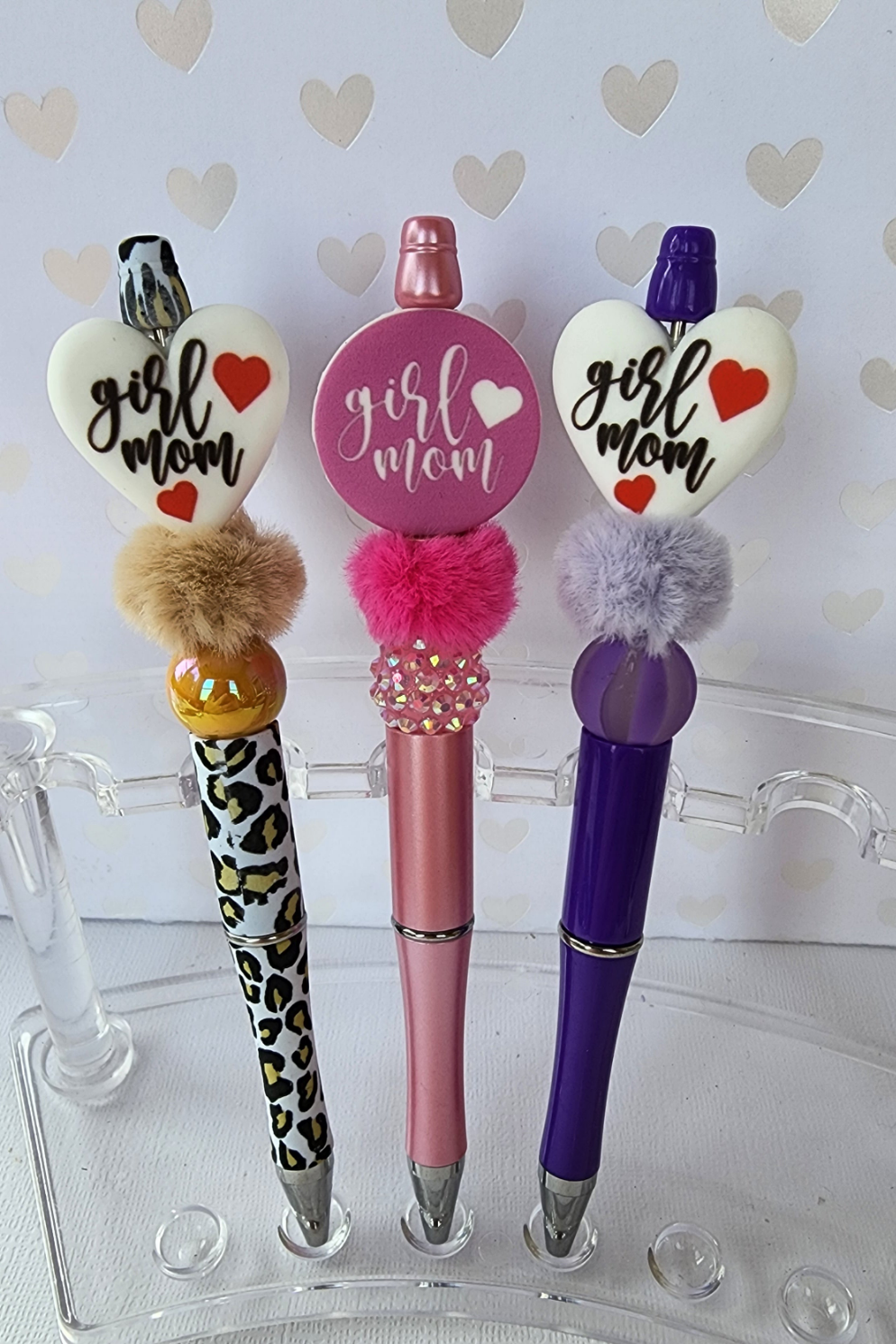 Girl Mom beaded pen with fun fluffy and silicone beads. Three color design options available.