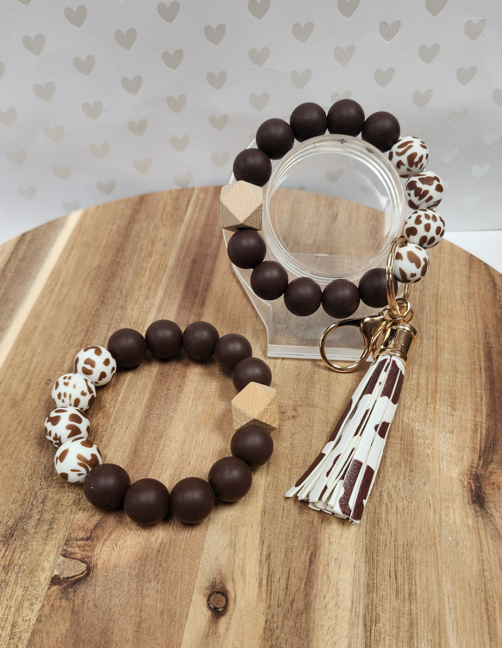 Brown Cow Patterned Wristlet Keychain Bracelet Silicone Beads