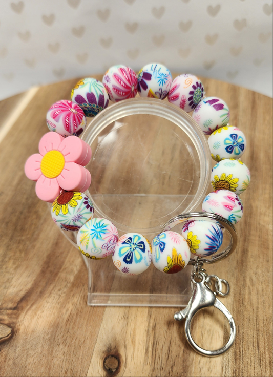 Pink Flower Wristlet Keychain Bracelet with Printed Pattern .Silicone Beads