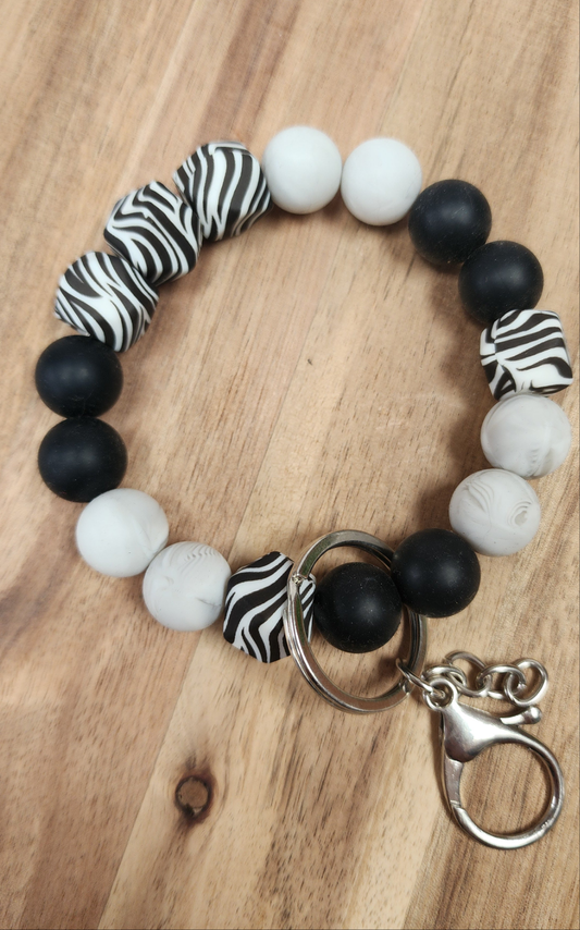 Zebra Black and White Wristlet Keychain Bracelet Silicone Beads