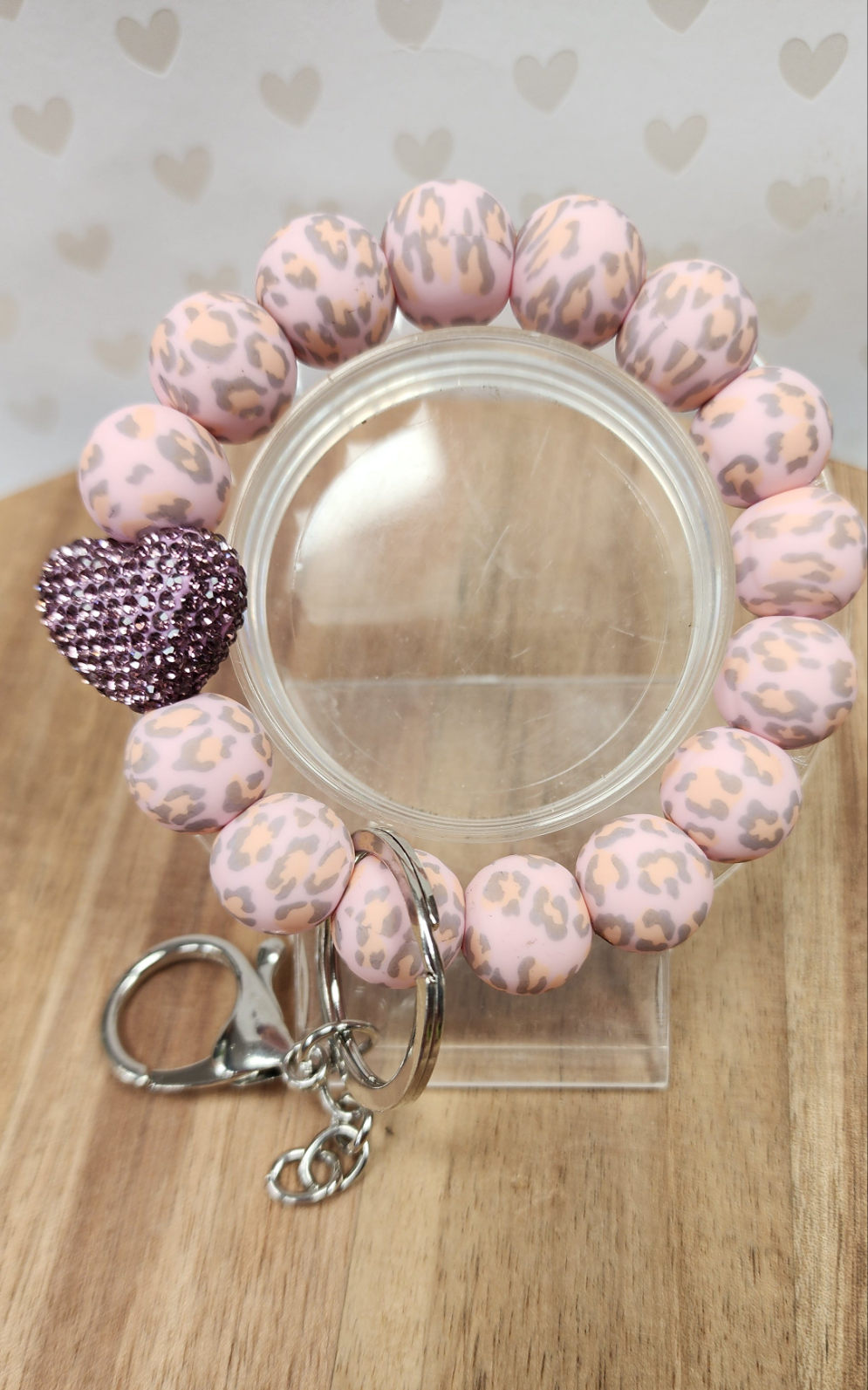 Demure Heart Animal Pattern Wristlet Keychain Bracelet with Fancy Rhinestone and Silicone Beads