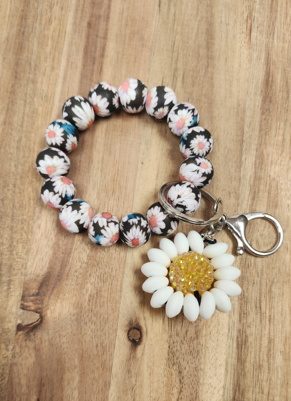 Daisy Printed Pattern Wristlet Keychain with Daisy beaded tassel Bracelet Silicone Beads