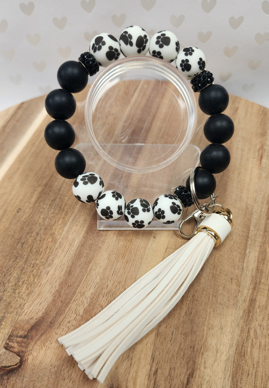 Paw Print with Tassel Wristlet Keychain Bracelet Silicone Beads