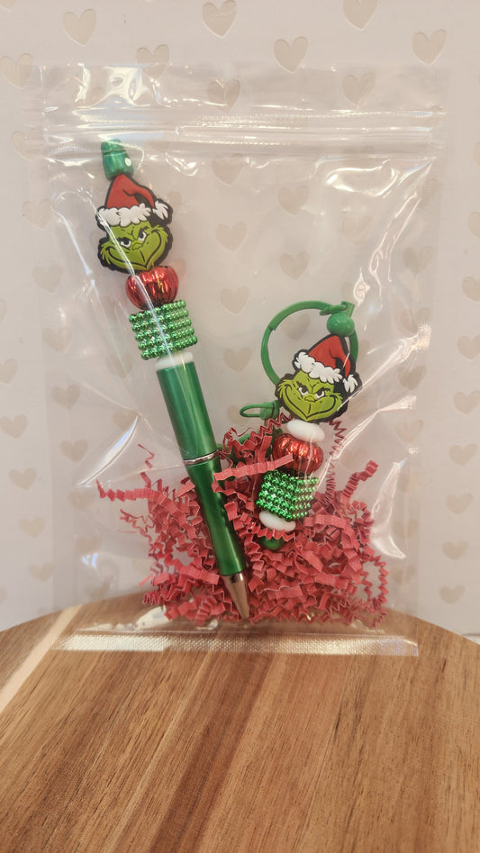 Green G Silicone Focal Beaded Pen and Keychain Set